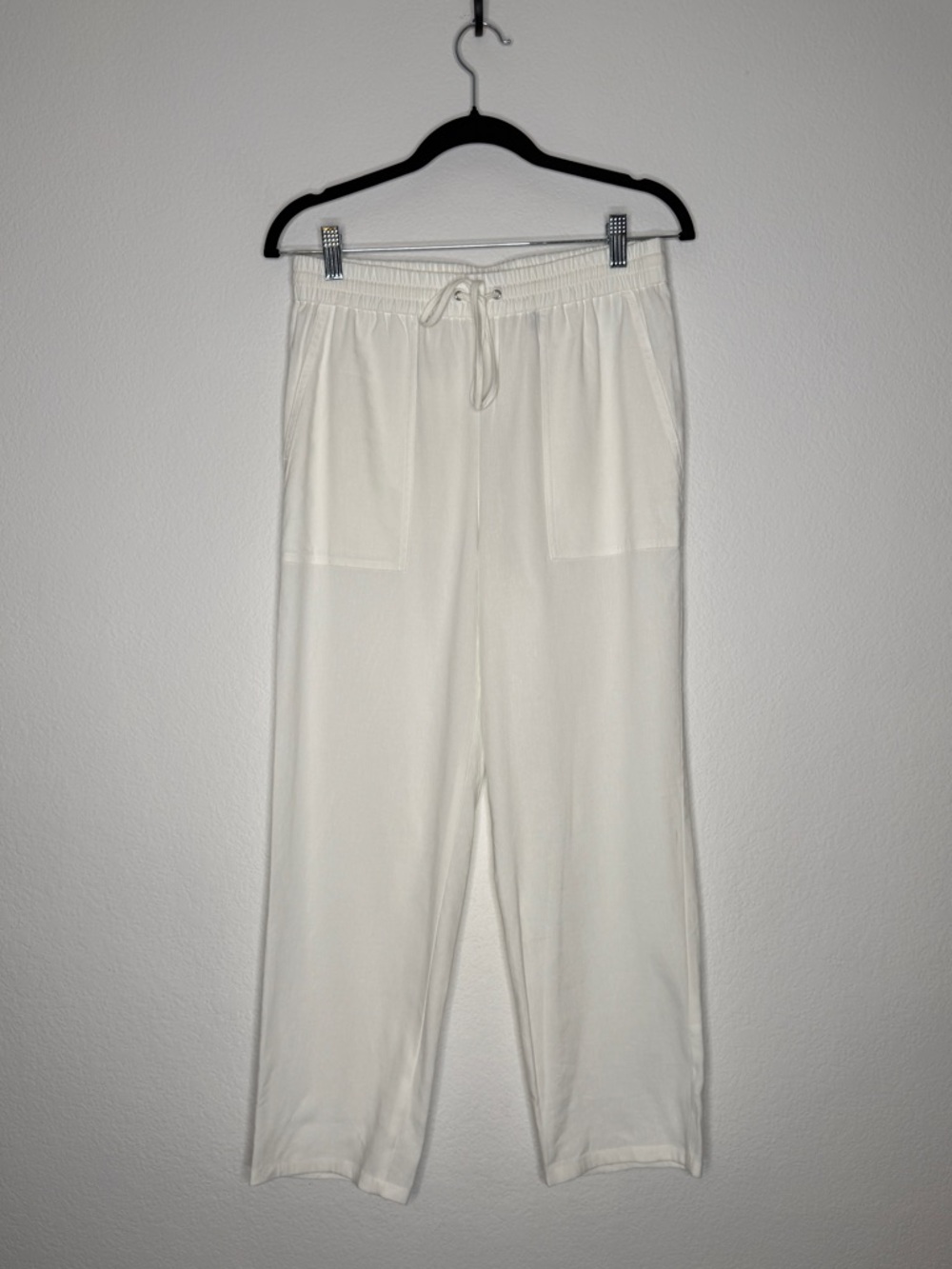 Theory Straight Leg Linen Blend Pull On Pants White Elastic Waist Pockets Size S